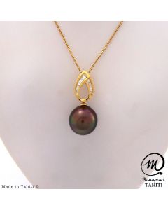 18K Gold Diamond Tahitian Pearl Pendant, 11 mm Drop