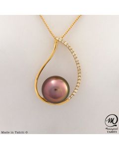 18K Gold Diamond Tahitian Pearl Pendant, 10 mm Round