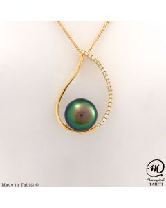 18K Gold Diamond Tahitian Pearl Pendant, 9,9 mm Round