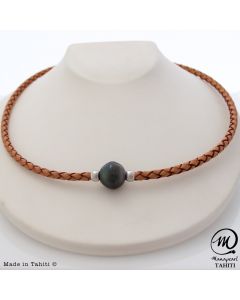 Unisex Leather Tahitian Pearl necklace 14mm