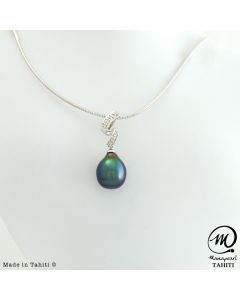 Special 9K White Gold and Diamant Tahitian Pearl Pendant, Drop pearl