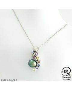 Beautiful Silver & Sapphire Tahitian Pearl Pendant, 9 mm Drop Pearl