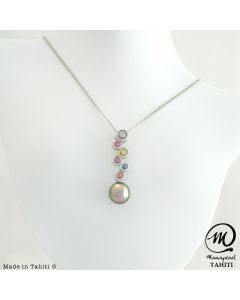 Beautiful Silver & Sapphire Tahitian Pearl Pendant , 8 mm Round Pearl