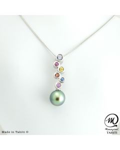 Silver & Sapphire Tahitian Pearl Pendant , 9 mm Round Pearl