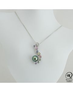 Silver & Sapphire Tahitian Pearl Pendant , 8 mm Round Pearl