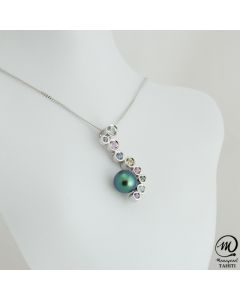 Silver & Sapphire Tahitian Pearl Pendant , 8 mm Round Pearl